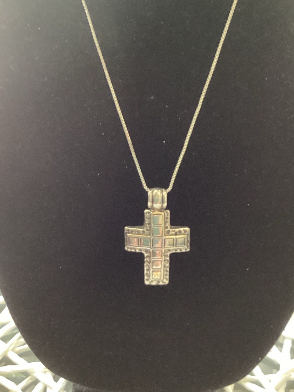 Sterling Silver Cross Pendant Necklace with Multi-Color Inlay